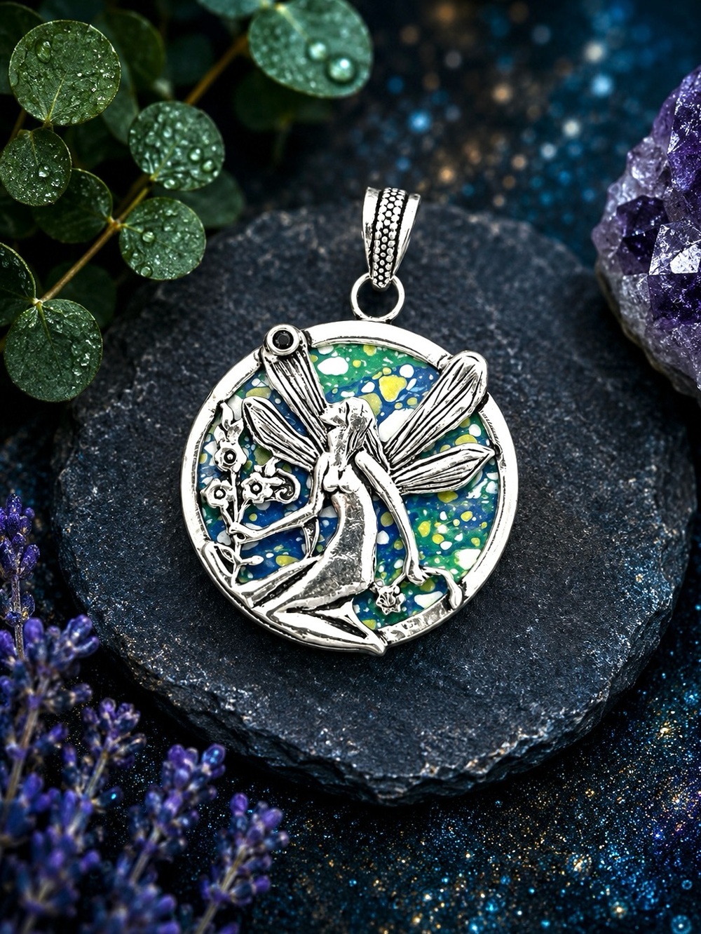 Colorful Mosaic Jasper 925 Silver Fairy 2” Pendant